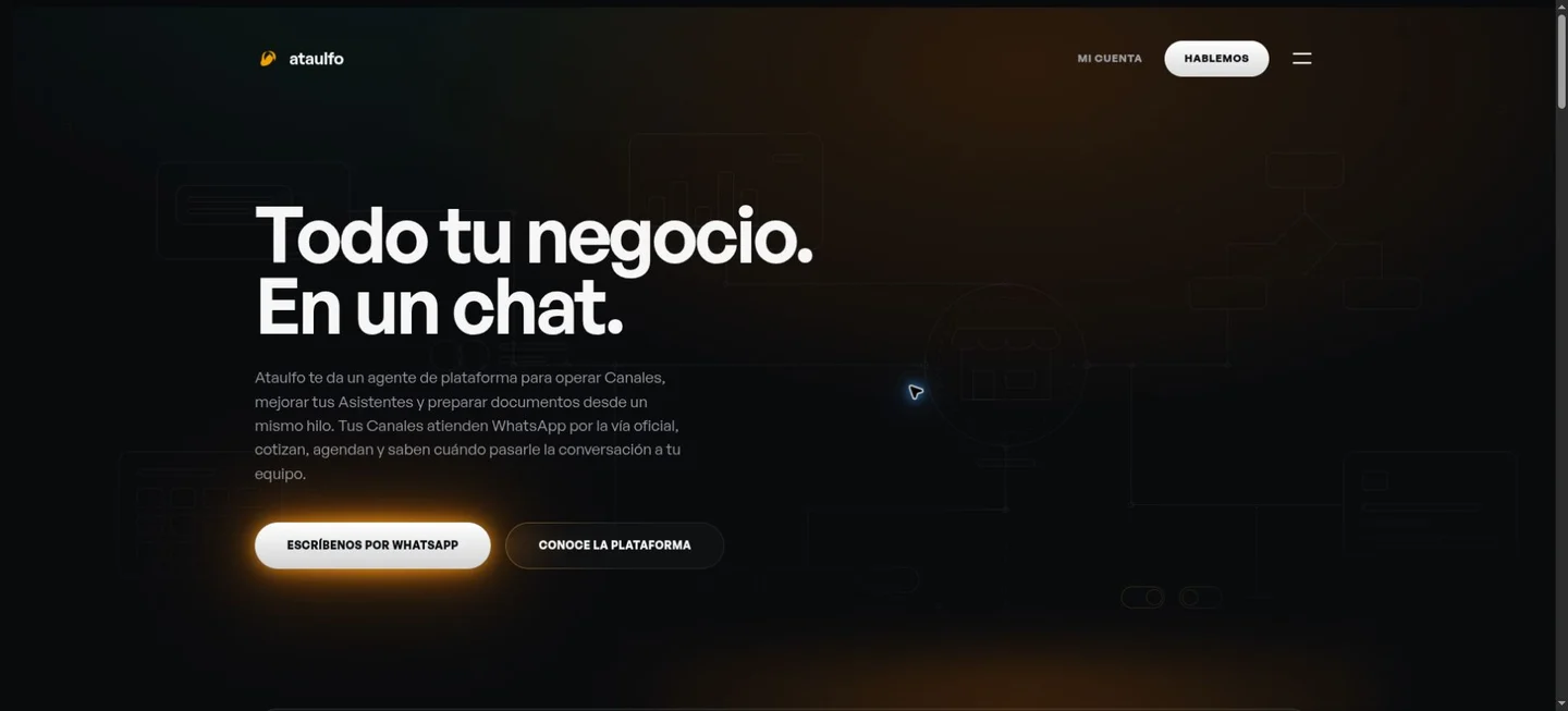 Portada de Ataulfo con el titular Todo tu negocio. En un chat. y acceso para conocer la plataforma.