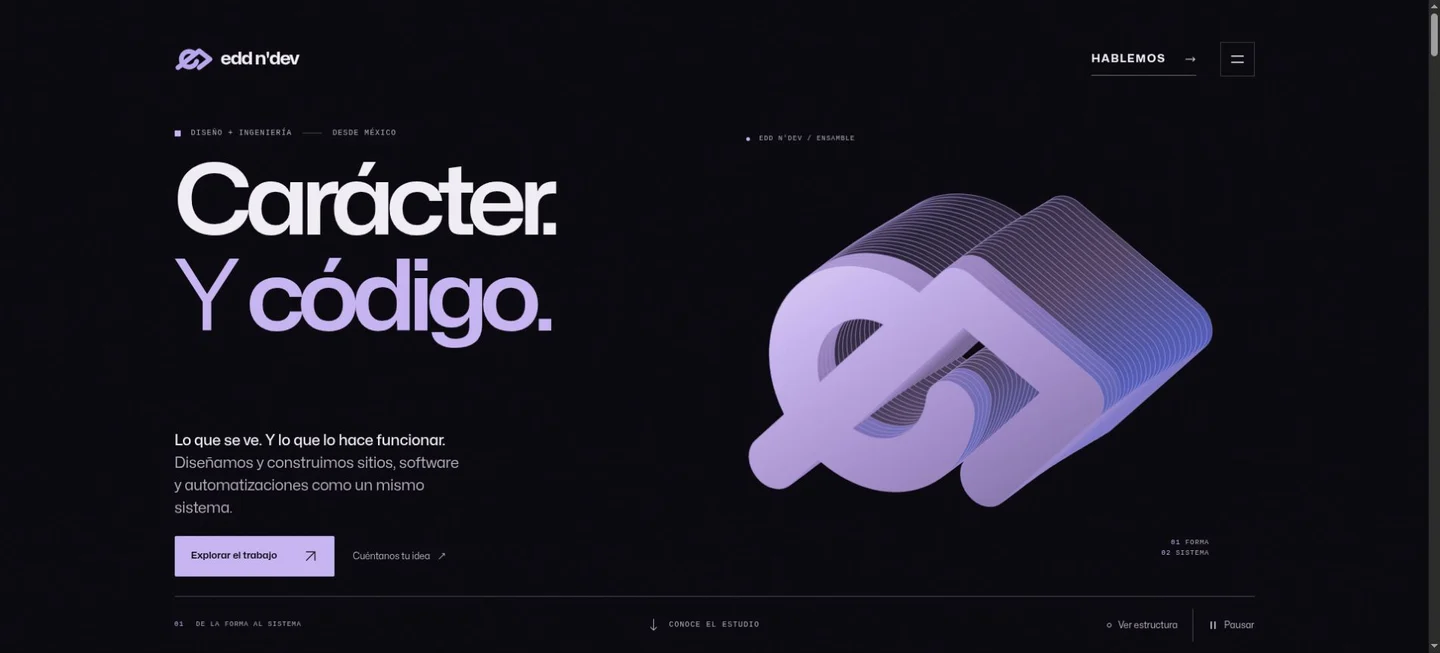 Portada de edd n’dev con el titular Carácter. Y código. y el símbolo violeta de la marca.