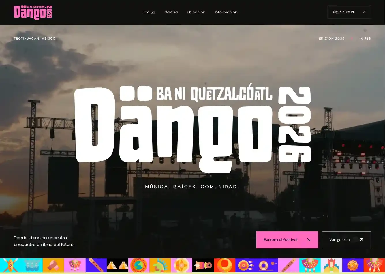 Portada del sitio de Festival Dängo con el logotipo sobre una fotografía del escenario al atardecer.