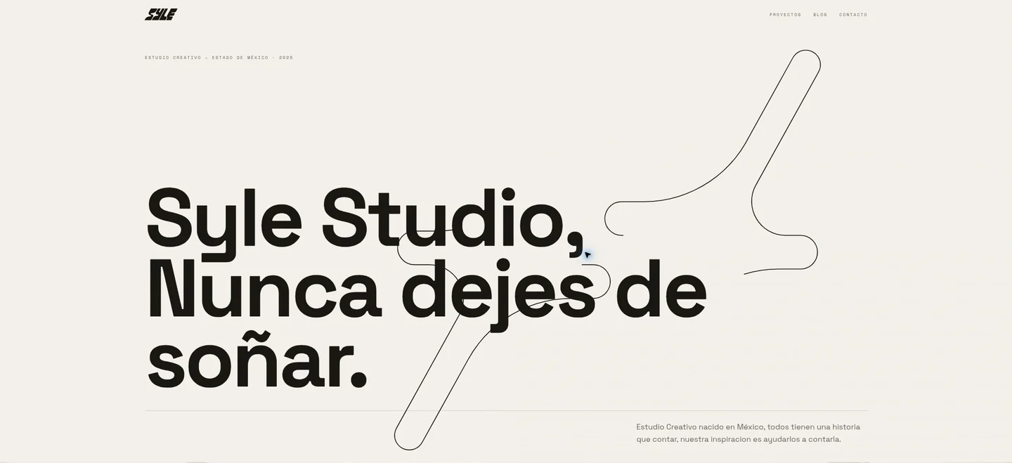 Portada del portafolio de Syle Studio, con tipografía negra de gran tamaño y un trazo sobre fondo claro.