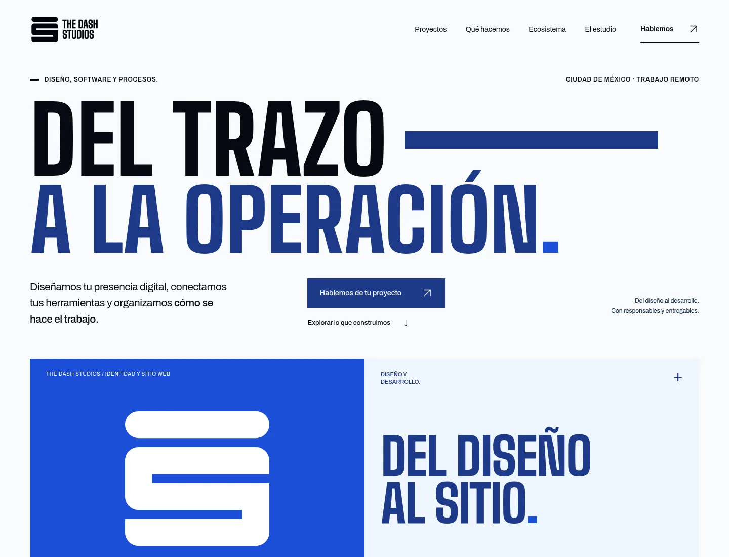 Sitio de The Dash Studios en 2026: titular Del trazo a la operación y sistema visual azul.